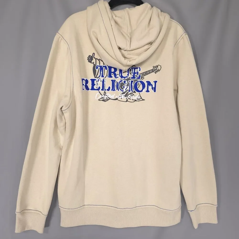 TRUE RELIGION Men's New MEDIUM Full Zip Hoodie Fog Beige Buddha Guitar 701400